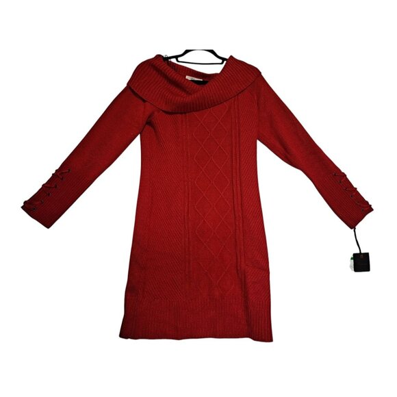 Red Knit Sweater Dress With Cowl Neck & Lace-Up Sleeve Detail By Takara - Size L - Picture 1 of 8